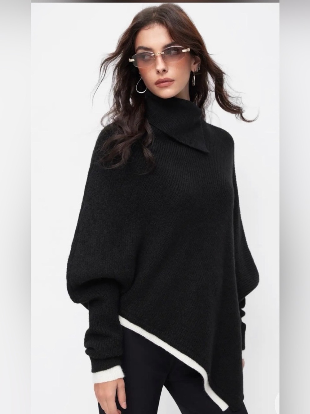 Cider Black Asymmetric Flap Collar  Sweater with White Contrast Hem